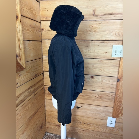 Vintage Y2K Black Faux Fur Hood Jacket Reversible Women’s Small McBling Mobwife - Picture 12 of 14